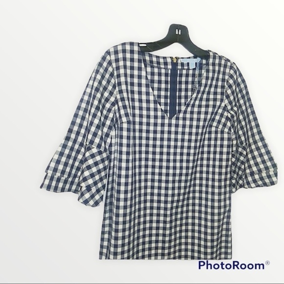 NWT DRAPER JAMES Navy Blue White Gingham Bell Sleeve Mini Shift Dress, Size 0 - Picture 4 of 6